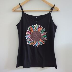 SAUKOLE | Women's Black Multicolor Sunflower Adjustable Spaghetti Strap Tank Top